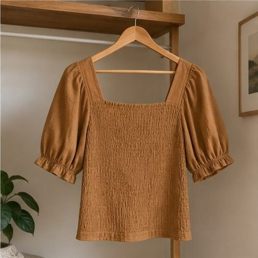 Camel Smocked Puff Sleeve Top